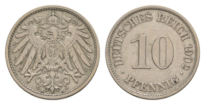 Германия 10 пфеннигов 1902 A, Вильгельм II (1888-1918) KM 12, J. 13 медно-никель 4640-255