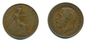 Великобритания 1 пенни 1919 Георг V (1910-1936) KM 810, Spink 4051 бронза 41-322