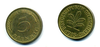 ФРГ 5 ПФЕННИГОВ 1983 F KM 107, J 382 сталь плакированная латунью 46-311