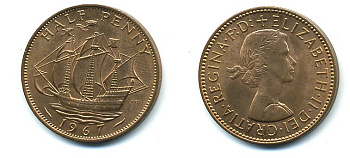 Великобритания 1/2 пенни 1967 Елизавета II (1952-2022) KM 896, Spink 4158 бронза UNC 4110-517