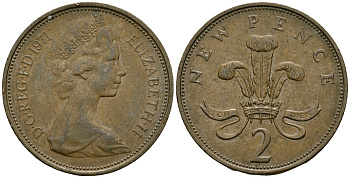 Великобритания 2 пенса 1971 Елизавета II (1952-2022) KM 916, Spink 4235 (C1) бронза 4167-527