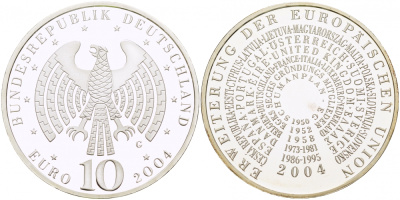 ФРГ 10 евро 2004 G, расширение Евросоюза KM 231, DE.S 10.14 серебро PROOF 1082-9-61