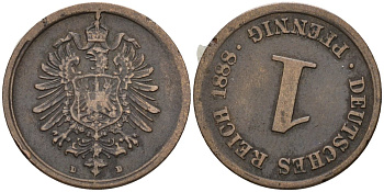 Германия 1 пфенниг 1888 брак чекана, отношение аверса/реверса (175°), D, Вильгельм I (1871-1888) KM 1, J. 1 медь 1525-415