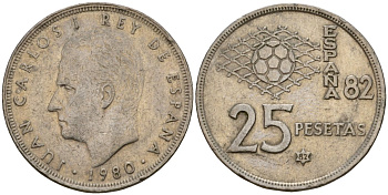 Испания 25 песет 1982 (82) Чемпионат мира по футболу в Испании 1982, Хуан Карлос I (1975-2014) KM 818 медно-никель 183-234