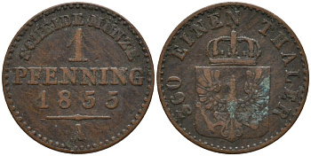 Пруссия 1 пфенниг 1855 A, Фридрих Вильгельм IV (1840-1861) KM 451 медь 4532-211
