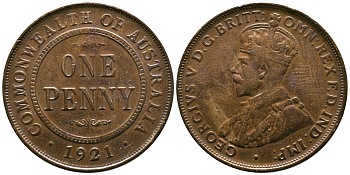 АВСТРАЛИЯ 1 ПЕННИ 1921 ГЕОРГ V KM 23 бронза 4385-311