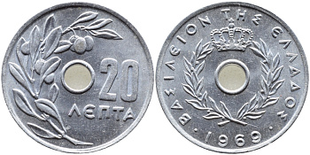 Греция 20 лепта 1969 Константин II (1964-1974), оливковая ветвь KM 79 алюминий UNC 4390-225