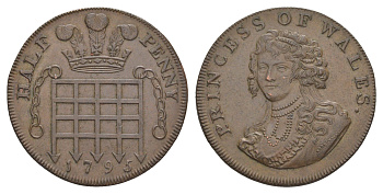 Великобритания, Мидлсекс 1/2 пенни 1795 национальная серия - принцесса Уэльская Dalton & Hamer 977 медь UNC 1528-1112