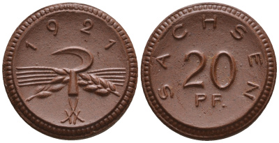 Саксония 20 пфеннигов 1921 колосья и серп J. N 53 фарфор UNC 1094-9-32
