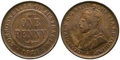 АВСТРАЛИЯ 1 ПЕННИ 1921 ГЕОРГ V KM 23 бронза 4385-311