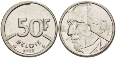 БЕЛЬГИЯ 50 ФРАНКОВ 1987 BELGIE, БОДУЭН I (1951-1993) KM 169 никель 4391-151