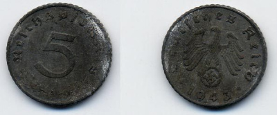 ГЕРМАНИЯ 5 РЕЙХСПФЕННИГОВ 1943 A, KM 100, J. 370 цинк 36-555