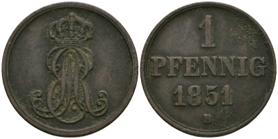 Ганновер 1 пфенниг 1851 B, Эрнст Август (1837-1851) KM 201.1, AKS 129, J. 74 медь 4608-1068
