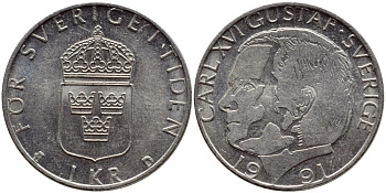 Швеция 1 крона 1991 Карл XVI Густав (1973- ) KM 852a медно-никель 4395-554