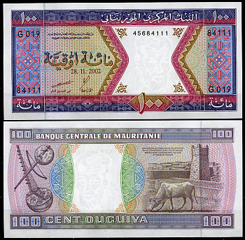 Мавритания 100 угуйя 2002 струнные инструменты, корова, мечеть Великой пятницы в Чингетти Pick 4 k  бумага  UNC (пресс) 448-104-2