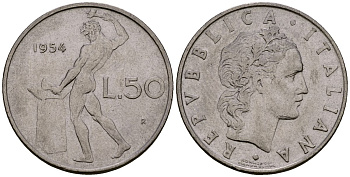 Италия 50 лир 1954 R, бог огня Вулкан у наковальни KM 95.1 нержавеющая сталь 4138-555