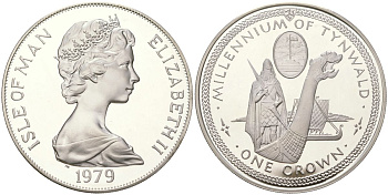 Остров Мэн 1 крона 1979 1000 лет Тинвальду - Драккар KM 46a серебро PROOF 1530-1323