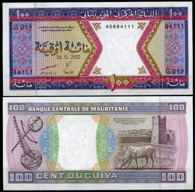 Мавритания 100 угуйя 2002 струнные инструменты, корова, мечеть Великой пятницы в Чингетти Pick 4 k  бумага  UNC (пресс) 448-104-2