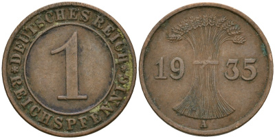 Германия 1 рейхспфенниг 1935 A KM 37, J. 313 бронза 4189-1261