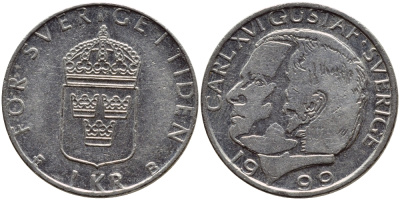 Швеция 1 крона 1999 Карл XVI Густав (1973- ) KM 852a медно-никель 4385-516