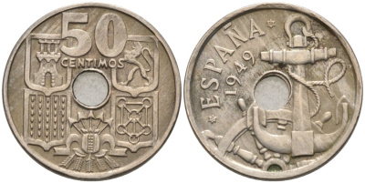 Испания 50 сентимо 1949 (56) Франко (1939-1975), морская атрибутика KM 777 медно-никель 4567-527