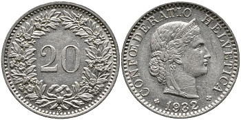 ШВЕЙЦАРИЯ 20 РАППЕНОВ 1932 В KM 29 никель 4539-536