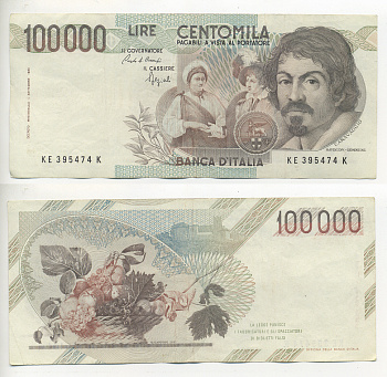 Италия 100000 лир 1983 Караваджо, фруктовый букет, подпись Speziali Pick 110b бумага 7220-14-2