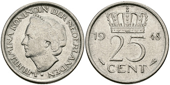 НИДЕРЛАНДЫ 25 ЦЕНТОВ 1948 ВИЛЬГЕЛЬМИНА KM 178 никель 46-2137