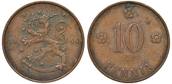 Финляндия 10 пенни 1940 республика (1918-1962) KM 24 медь 51-3246