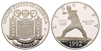 США 1 доллар 1992 S, XXV летние Олимпийские Игры, Барселона 1992 KM 234 серебро PROOF 11-255-42