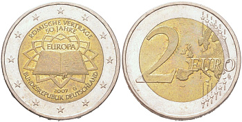 Германия 2 евро 2007 G, 50 лет подписанию Римского договора KM 259 биметалл UNC 4126-1225