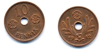 ФИНЛЯНДИЯ 10 ПЕННИ 1942 KM 33.1 медь 51-5016