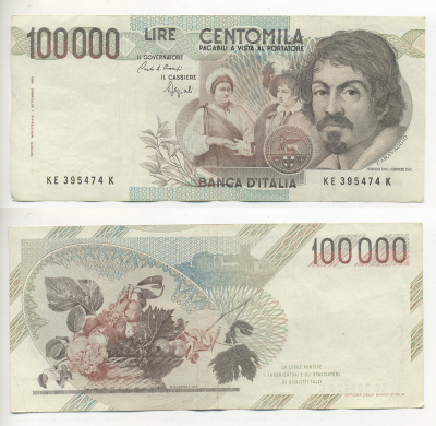 Италия 100000 лир 1983 Караваджо, фруктовый букет, подпись Speziali Pick 110b бумага 7220-14-2