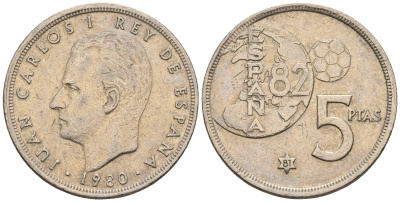 Испания 5 песет 1981 (80) Хуан Карлос I, чемпионат мира по футболу, Испания 1982 KM 817 медно-никель 259-1116