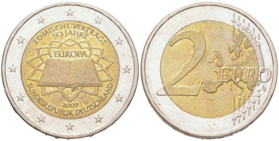 Германия 2 евро 2007 G, 50 лет подписанию Римского договора KM 259 биметалл UNC 4126-1225