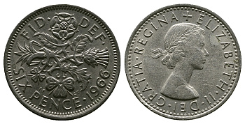 Великобритания 6 пенсов 1966 Елизавета II (1952-2022) KM 903, Spink 4149 медно-никель 4381-855
