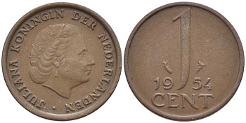Нидерланды 1 цент 1954 Юлиана (1949-1980) KM 180 бронза 206-246