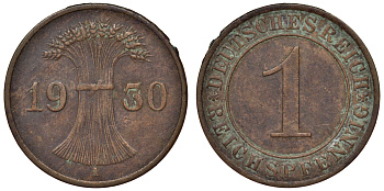 Германия 1 рейхспфенниг 1930 A KM 37, J. 313 бронза 4124-121