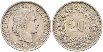 Швейцария 20 раппенов 1969 В KM 29а медно-никель 55-912