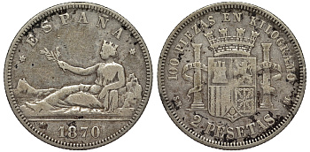 Испания 2 песеты 1870 (70) SN-M KM 654 серебро 4566-644
