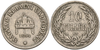 Венгрия 10 филлеров 1894 KB, Франц Иосиф I (1848-1916) KM 482 никель 4151-1058