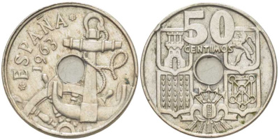 ИСПАНИЯ 50 СЕНТИМО 1963 (63) ФРАНСИСКО ФРАНКО ДИКТАТОР ИСПАНИИ (1939-1975), МОРСКАЯ АТРИБУТИКА KM 777 медно-никель 212-927