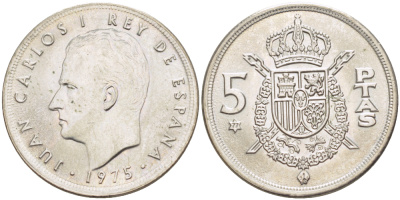 ИСПАНИЯ 5 ПЕСЕТ 1975 (77) ХУАН КАРЛОС I ( 1975-) KM 807 медно-никель UNC 216-446