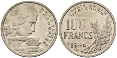 ФРАНЦИЯ 100 ФРАНКОВ 1954 KM 919.1, LE FRANC 450.2 медно-никель 4544-424