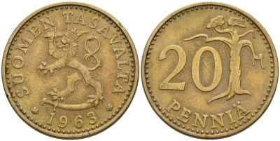Финляндия 20 пенни 1963 S KM 47 алюминиевая бронза 4582-1257