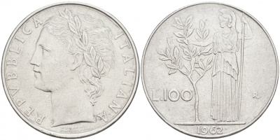 ИТАЛИЯ 100 ЛИР 1962 R АФИНА KM 96.1 сталь 3855-742