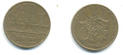 Франция 10 франков 1978 тип Матье KM 940, Le Franc 365.11-12 никель латунь 89-1417