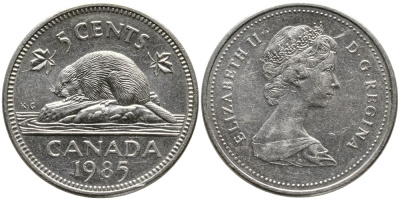 КАНАДА 5 ЦЕНТОВ 1985 ЕЛИЗАВЕТА II (1952-), БОБР, ВТОРОЙ ПОРТРЕТ В КОРОНЕ KM 60.2а медно-никель 4543-656