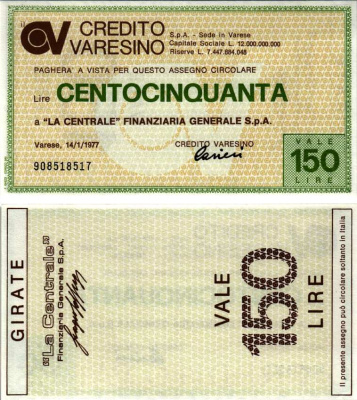 Италия чек на 150 лир 1977 14 января 1977, credito varesino бумага UNC (пресс) 7218-6-3-2