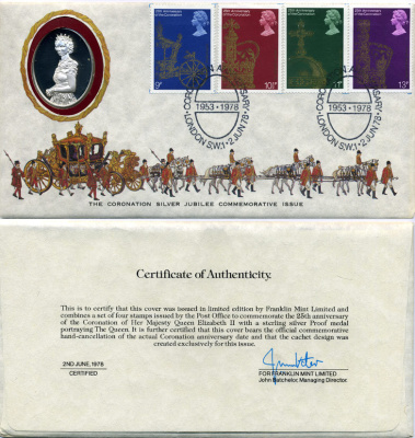 Англия медаль и комплект марок 1978 конверт Первого дня гашения, серебряный юбилей (25 лет) коронации Елизаветы II, в оригинальной упаковке серебро PROOF 7-7-5